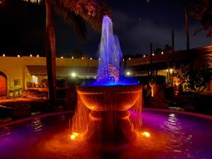 阿拉莫斯哈森达桑托酒店的喷泉里点亮着蓝色和紫色的灯光