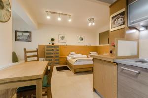 克拉科夫Family Apartments - Private Parking的带厨房的房间和一间带一张床的卧室