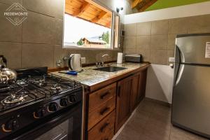 普埃洛湖Cabaña Piedemonte的厨房配有炉灶和不锈钢冰箱。