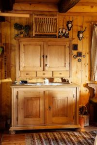 皮恩山口附近施皮塔尔Jagdhütte Gammeringalm的一间厨房,内设木制橱柜
