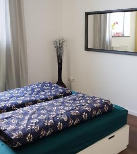 凯撒斯劳滕Bismarck-Apartment的一张带蓝色遮盖和镜子的床
