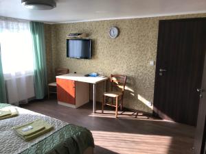 捷克布杰约维采莱斯拉维宾馆的酒店客房设有一张桌子和一台墙上的电视。