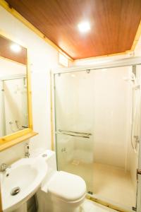 GaafaruOld Town Inn Maldives的带淋浴、卫生间和盥洗盆的浴室