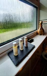 莫法特Groom's Cottage的窗台,盘子上装着四小瓶子