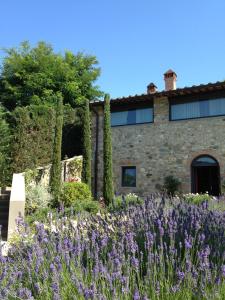 里尼亚诺苏拉尔诺Mhateria Relais - Appartamento in Villa的一座花园,在一座建筑前种有紫色花卉