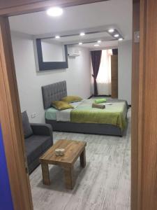 伊斯坦布尔Moon Hotel Şirinevler的一间卧室配有一张床、一张沙发和一张桌子