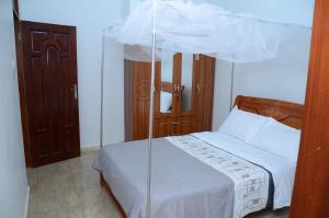 坎帕拉Muyenga Luxury Vacation Home的一间卧室配有一张带天蓬的床