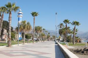 托雷德尔马尔Magnifico ático en la playa的一条种有棕榈树的街道和灯塔