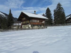 伦克Chalet Halten的雪中的房子,有雪覆盖的院子