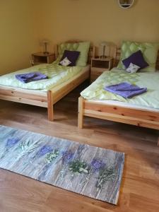 BecsehelyLevendulás ház的地板上带地毯的客房内的两张床