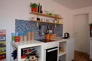 海德堡乐天背包客旅舍的小厨房配有白色炉灶烤箱