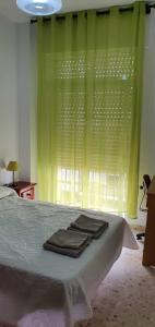 加的斯Playa La Caleta La Viña Cadiz PLAZA GARAJE GRATIS的一间卧室配有带绿窗帘和毛巾的床