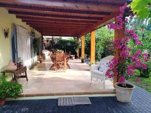 BeniarbeigCasa la Gaspareta的庭院配有椅子和一张带紫色花卉的桌子