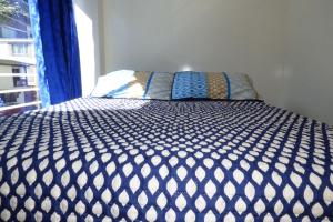 乔阿奇Hotel La Avenida的一张带蓝色和白色棉被的床和一个窗口