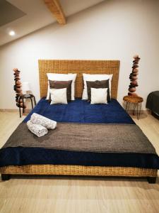 BompasVILLA VACANCES NEUVE的一间卧室配有一张大床,提供蓝色的床单和枕头
