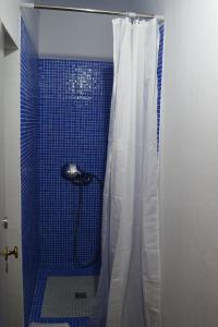 阿尔沃尔Ria Guest House的浴室内配有带浴帘的蓝色淋浴