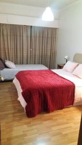 波尔图可沃洛公寓的一间卧室配有两张带红毯的床