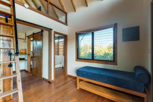 珀拉什奇亚Inn The Trees Cabañas的客厅设有蓝色的沙发和窗户。