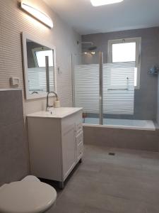 提比里亚King David breathtaking LAKE VIEW 4BDR PENTHOUSE的浴室配有盥洗盆、卫生间和浴缸。