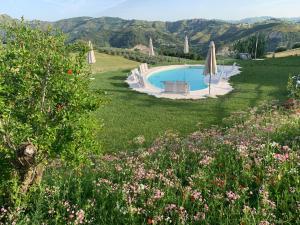 阿斯科利皮切诺Residenza Case Pacifici的一个带遮阳伞和鲜花的田野游泳池