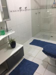 瓜鲁柳斯GA2-Hospedagem Próximo ao Aeroporto de Guarulhos的带淋浴的浴室和2个蓝色地毯。