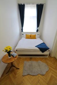 布拉迪斯拉发Apartment HVIEZDKO的一间卧室配有一张床、一张桌子和一个窗户。