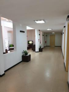 马埃堡Admiralmahé的一间办公室里空荡荡的走廊,有盆栽植物