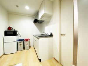 福冈Randor Hotel Fukuoka的一间带水槽和冰箱的小厨房