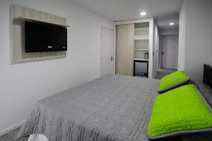 蒙得维的亚Quijano Hotel - Aparts & Suites的一间卧室配有一张带绿色枕头的床和一台平面电视