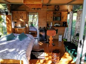 San IsidroCabaña treehouse Mountain View的小屋内设有一间带床铺的卧室和厨房