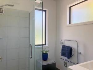 皇后镇The Garden Studio - Queenstown的一间带玻璃淋浴和水槽的浴室