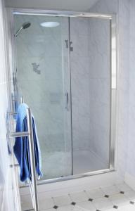 道格拉斯Ashfield Guesthouse的浴室里设有玻璃门淋浴