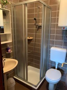 克罗诺维察Apartments Kristina的带淋浴、卫生间和盥洗盆的浴室