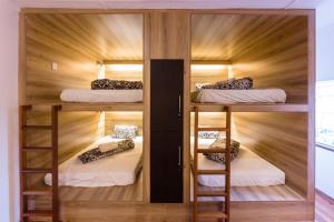 温特和克Back2Roots Backpackers的一间设有四张双层床和木墙的客房