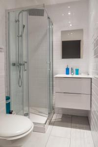 尼斯梅耶皮尔沙滩酒店的带淋浴、卫生间和盥洗盆的浴室