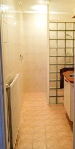 霍赫芬Studio Brinkstraat的带淋浴的浴室和瓷砖地板。
