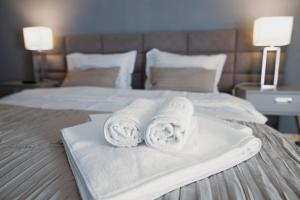 斯勒尼克Hotel Roberto Slanic Prahova的床上的两条毛巾
