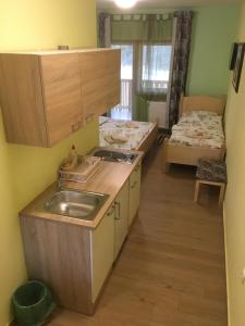 KočeRanch Marina的一个带水槽的厨房和客房内的两张床