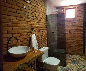 Caparaó VelhoPousada Café da Mata的一间带水槽、卫生间和砖墙的浴室