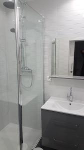 卡努齿条旅馆的一间带玻璃淋浴和水槽的浴室
