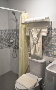 拉瓦格Hotel Lourdes的浴室配有卫生间、淋浴和盥洗盆。