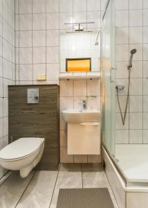 耶莱希尼亚Pensjonat Tara的浴室配有卫生间、盥洗盆和淋浴。