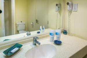 基督教堂市罗斯特热瓦酒店的一间带水槽、卫生间和镜子的浴室