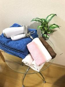 大阪Dotonbori Condo♡Shinsaibashi 302 (100-3)的玻璃桌,带毛巾和盆栽