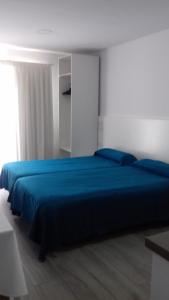 拉克鲁斯蓝之鱼公寓式酒店的一间卧室设有蓝色的床和窗户。