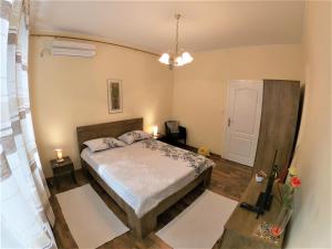 萨拉热窝Apartment Honey Free Parking的一间卧室配有一张床和一个吊灯