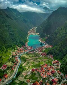 乌宗Uzungöl Zahra Apart Hotel的山谷中城镇和湖泊的空中景色