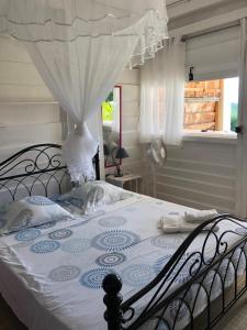 勒拉芒坦La Colline Business & Tourisme的一张带蓝色和白色棉被的床和一个窗口