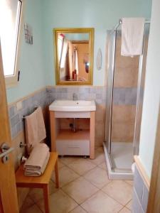 圣玛丽亚Oasis Palmeira的浴室配有盥洗盆和带镜子的淋浴