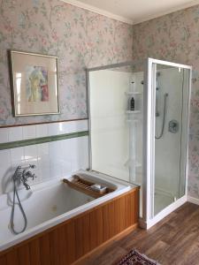 马丁伯勒Te Kopura Lodge的设有带浴缸和淋浴的浴室。